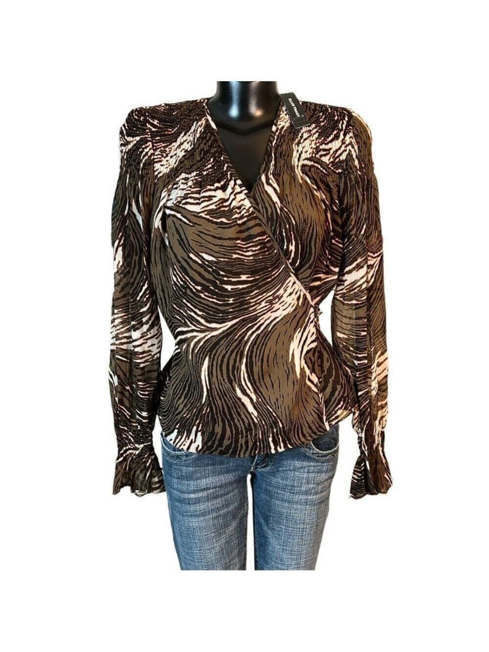 Ellen Tracy NWT Womens Silk Peplum Wrap Blouse sz 6 Flame Green Black White NEW